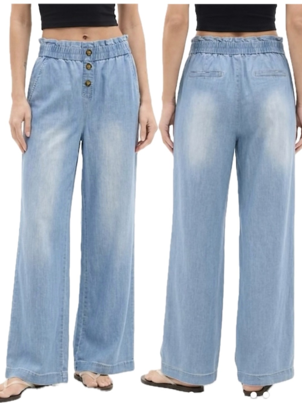 Lyocell Chambray Elastic Pull On Trouser Pants Size XS S High Rise Wide Leg